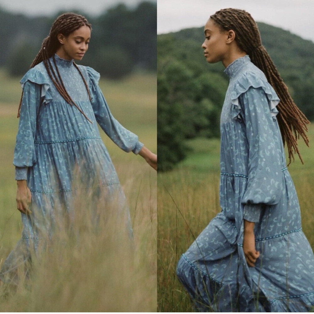 Anthropologie Bl^nk London Laura tiered Blue Floral Dress